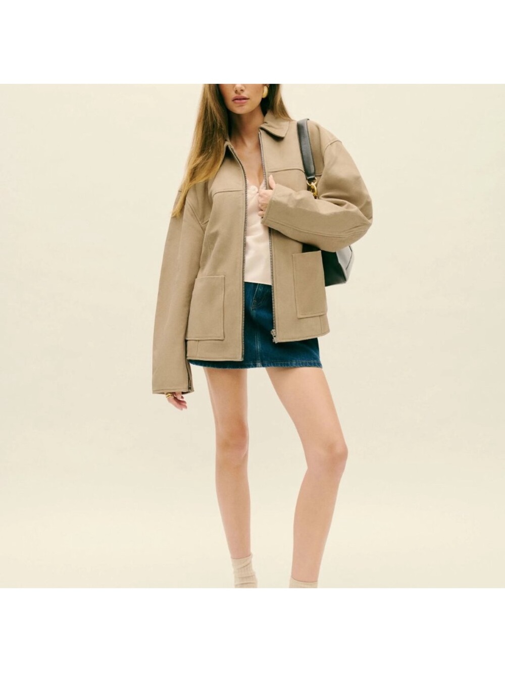Reformation Veda Bennett Oversized Leather Bomber in Oat
